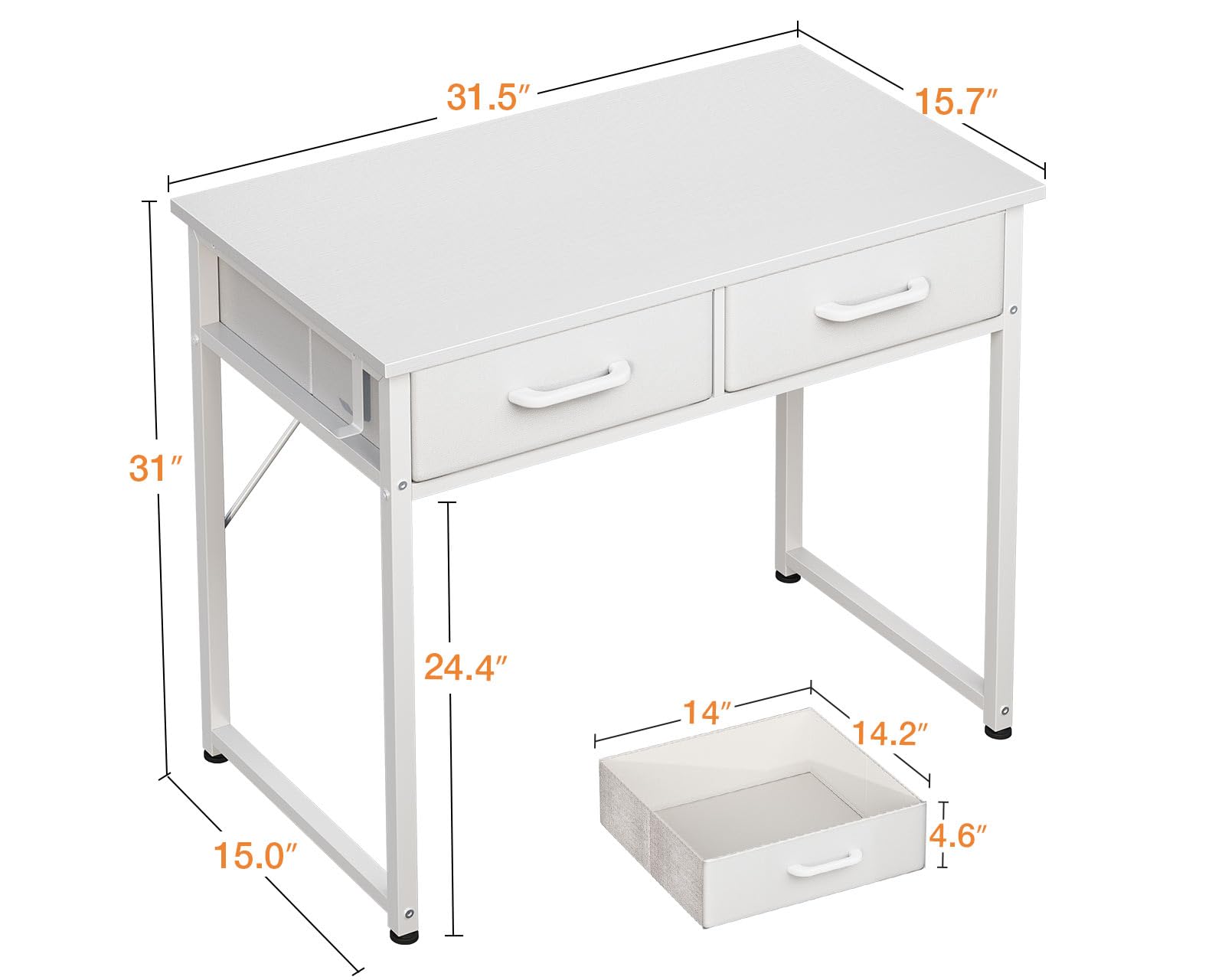 ODK Small Desk with Fabric Drawers- for Bedroom, White Vanity Desk with Storage, Home Office Computer Desk for Small Spaces, 32 Inch Modern Work Writing Study Table, White - WoodArtSupply