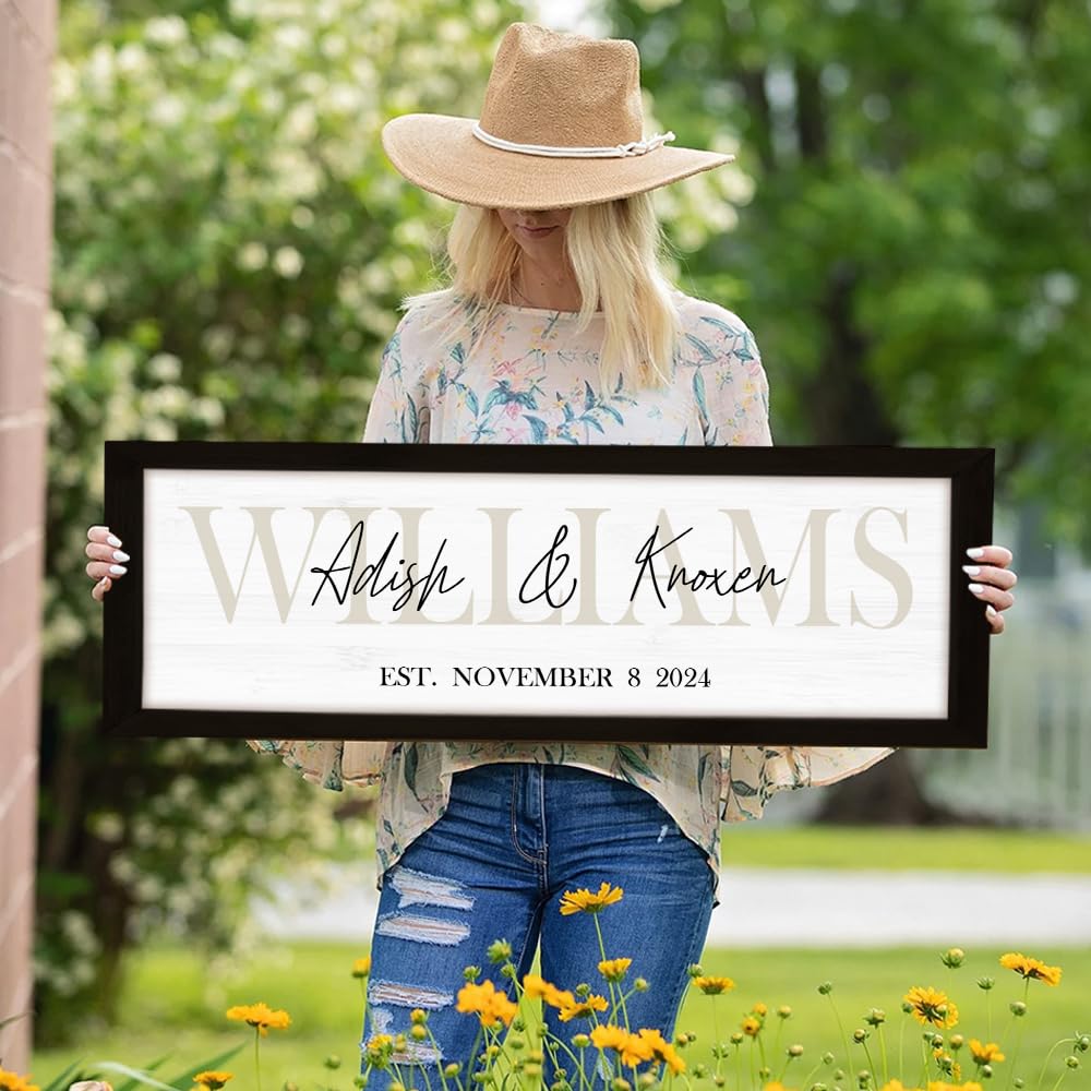 Wedding Gifts for Couples | Anniversary Gift | Engagement Gifts | Custom Wood Sign | Personalized Framed Wooden Family Name Sign for Home Decor Wall | Monogram Name Wall Decor (Black Frame, C - WoodArtSupply