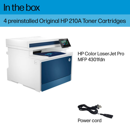 HP Color LaserJet Pro MFP 4301fdn Printer, Print, Scan, Copy, Fax, Fast, Easy setup, Mobile printing, Advanced security, Best-for-small teams. Ethernet & USB only. Not Wireless. 16.6 x 17.1 x 15.1 in.