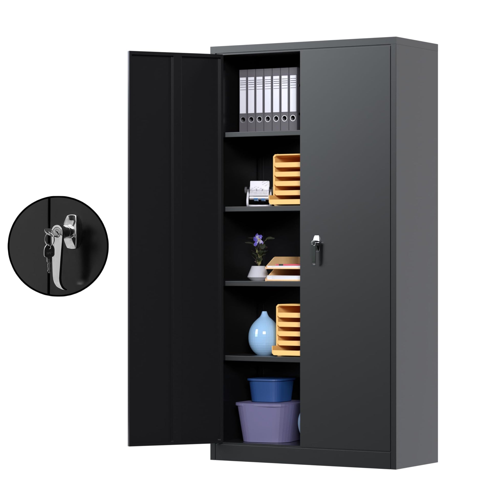 Waqiv Black Metal Storage Cabinet with Door, Locking Steel Cabinet with 4 Adjuestable Shelves, Tall Lockable Garage Tool Storage Cabinet for Home, - WoodArtSupply