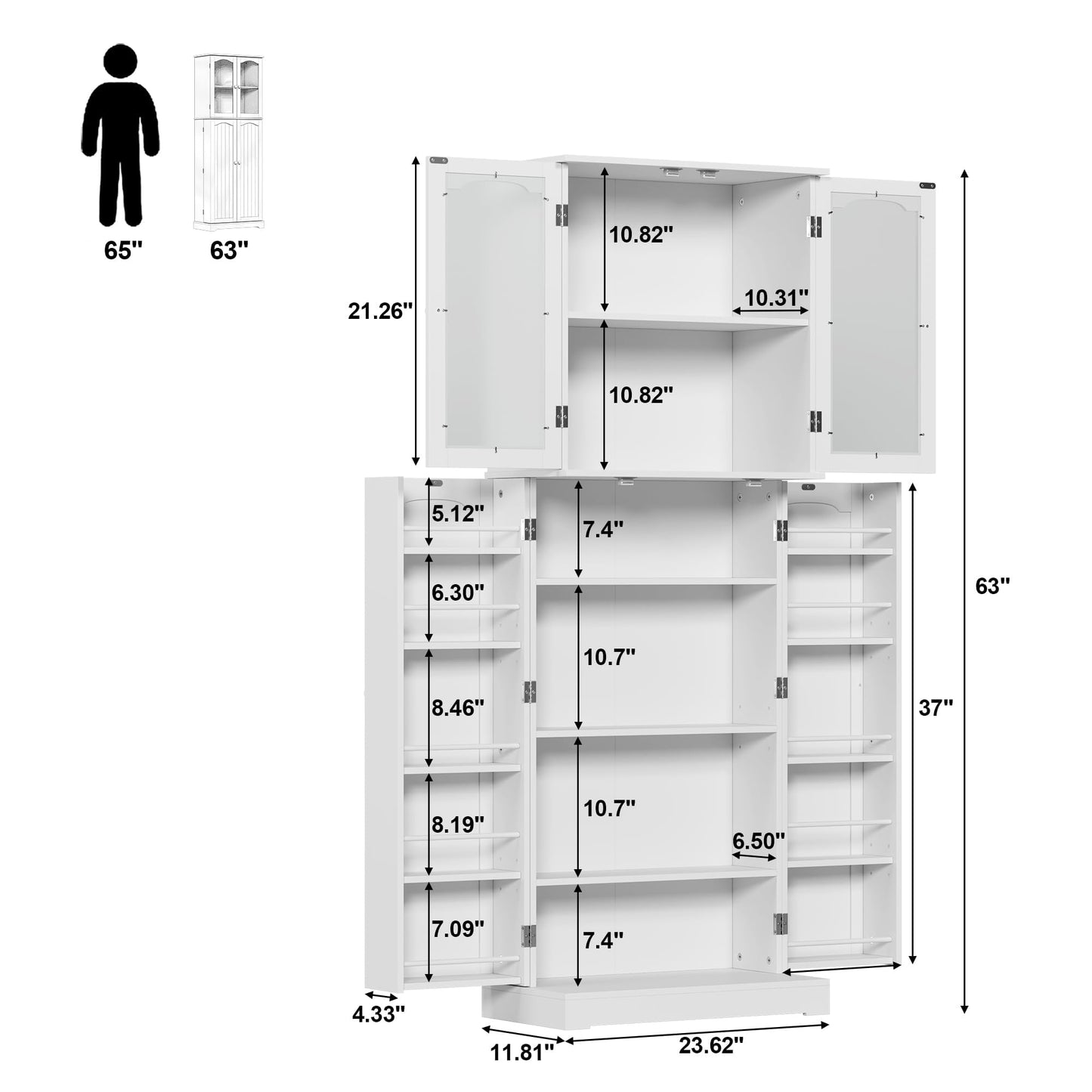 HOME BI 64" Kitchen Pantry Cabinet, Tall Freestanding Pantry with Glass Doors,Wooden Food Pantry Storage Cabinet for Home Kitchen, Dining Room, Living Room, White - WoodArtSupply