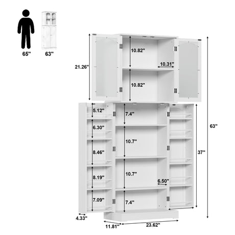 HOME BI 64" Kitchen Pantry Cabinet, Tall Freestanding Pantry with Glass Doors,Wooden Food Pantry Storage Cabinet for Home Kitchen, Dining Room, Living Room, White HOME BI