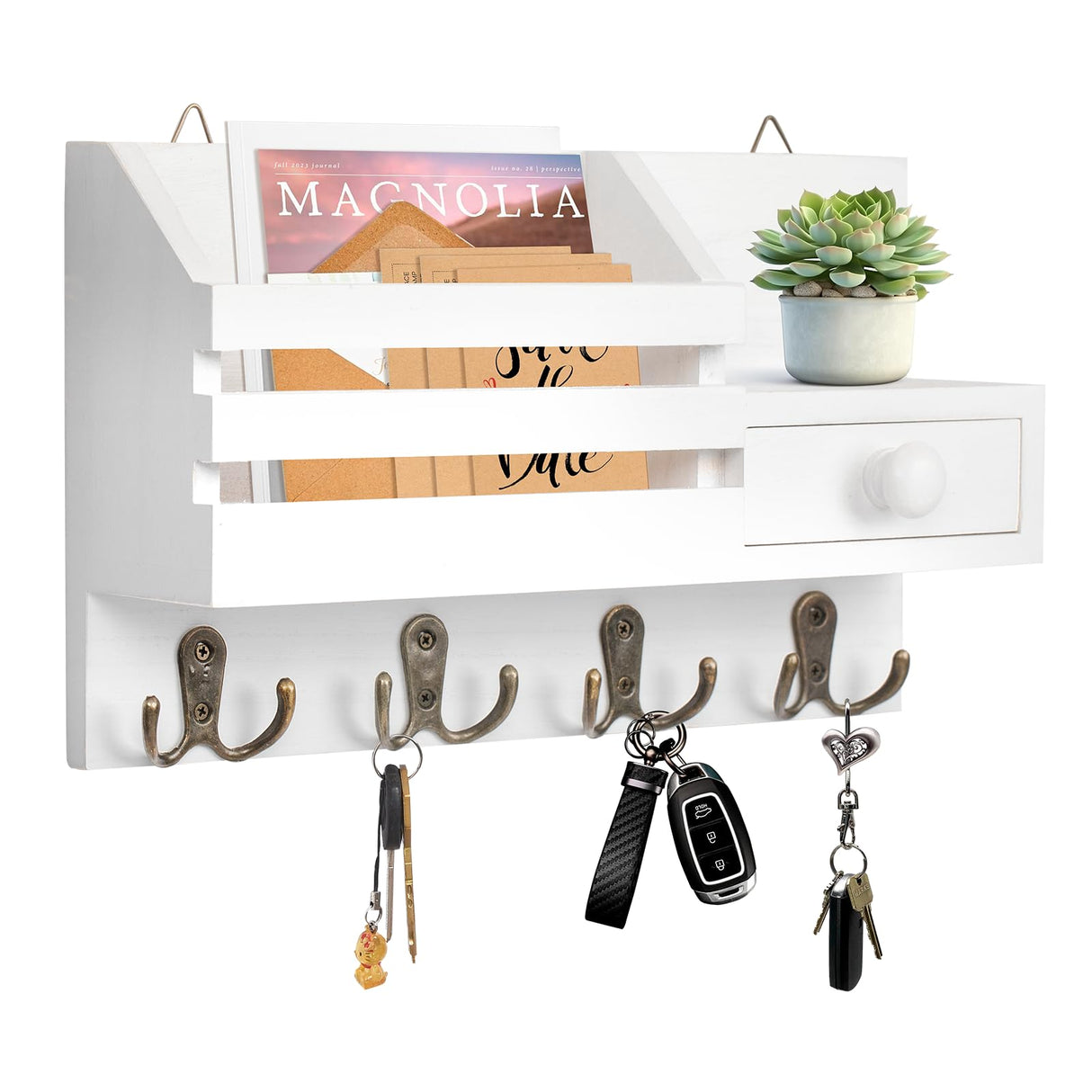 HOMEBROS Key Mail Holder for Wall, White Wooden Key Mail Organizer with Drawer Wall Mount Key Rack with Shelf Key Storage Hanger with 8 Key Hooks for Entryway Hallway 2 Installation Methods HOMEBROS