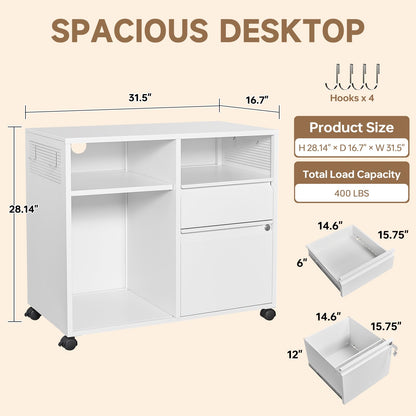 ZAOUS File Cabinet 2 Drawer, Mobile Lateral Filing Cabinet with Lock, Printer Stand Storage File Cabinets with Storage Shelves Fits A4 or Letter Size for Home Office, White - WoodArtSupply