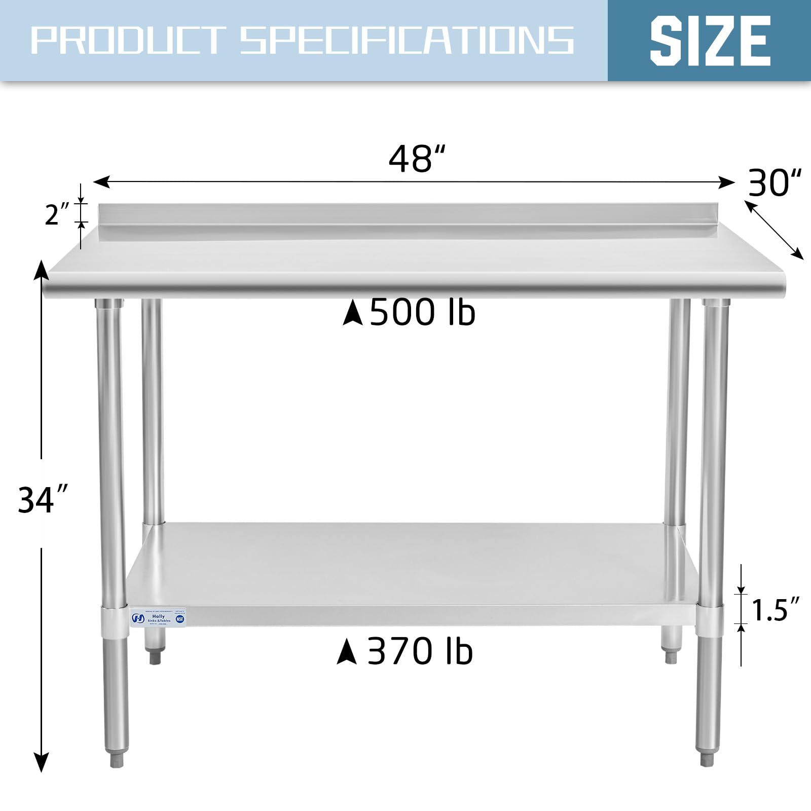 Hally Stainless Steel Table for Prep & Work 30 x 48 Inches, NSF Commercial Heavy Duty Table with Undershelf and Backsplash for Restaurant, Home and Hotel - WoodArtSupply