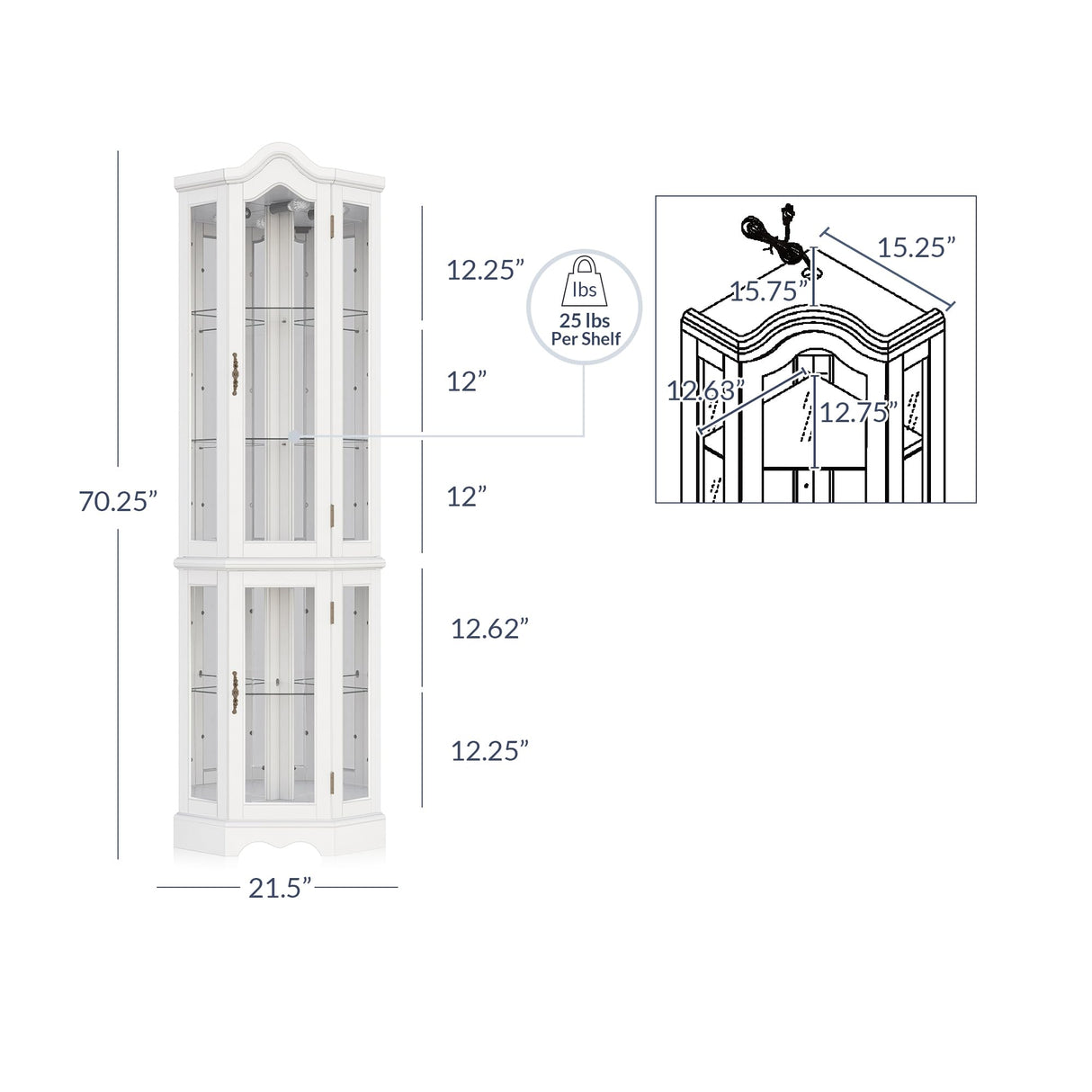 BELLEZE Lighted 3-Side Glass Display Curio Cabinet w/ Tempered Glass Doors and Shelves, Curved Wood Corner Cabinet with Bulb, Corner Storage Rack (White) BELLEZE
