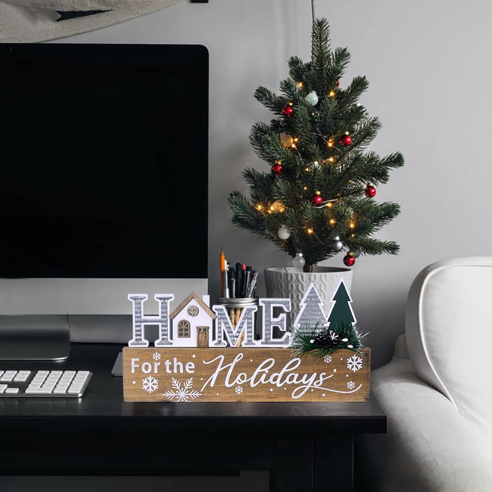 Wooden Christmas Sign Blocks, HOME for the Holiday Quote Christmas Table Decor, Xmas Centerpiece Block Sign with Snowflake & Pine Tree, Christmas Decoration for Office Desk Mantle (BROWN) Ovootok