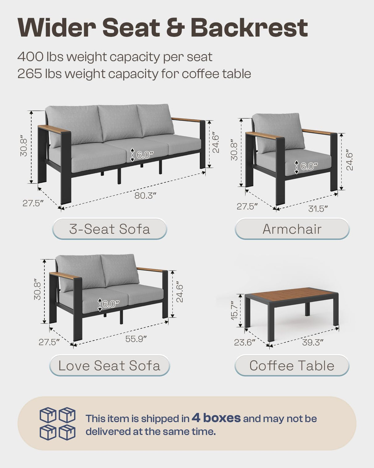 Oasbira Aluminum Outdoor Patio Furniture Set with Coffee Table, 5 Piece Patio Conversation Sets, Outdoor Sectional Furniture for Porch, Balcony, Yard, Gray Oasbira