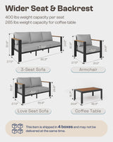 Oasbira Aluminum Outdoor Patio Furniture Set with Coffee Table, 5 Piece Patio Conversation Sets, Outdoor Sectional Furniture for Porch, Balcony, Yard, Gray Oasbira