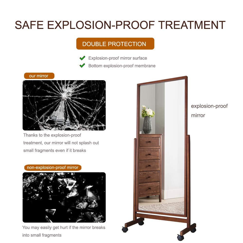 AISUNDY Swivel Adjustable Full Length Mirror on Wheels, Pine Wood Frame Cheval Bedroom Floor Mirror Dressing Mirror Body Mirror with Standing Holder (Brown, 65"x22") AISUNDY