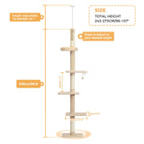 PETEPELA Floor to Ceiling Cat Tree, Cat Tower 5-Tier Height(95-107 Inches) Adjustable, Tall Cat Climbing Tree Featuring with Scratching Post, Cozy Bed,Interactive Ball Toy for Indoor Cats/Kitten Beige PETEPELA