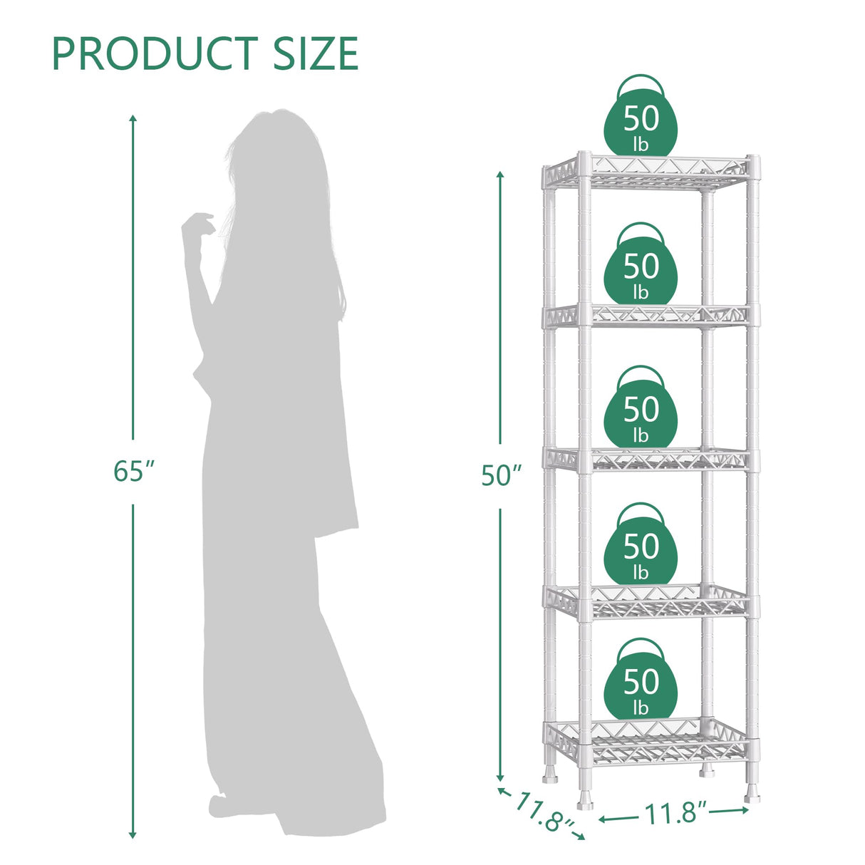 GIOTORENT 5 Tier Standing Shelving Metal Units, Adjustable Height Wire Shelf Display Rack for Laundry Bathroom Kitchen 11.8 W x 11.8 D x 50 H (5-Tier, White) GIOTORENT