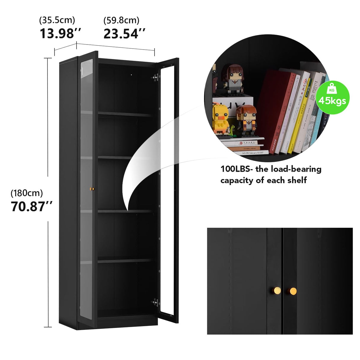 IRONMIX Display Cabinet with Doors, Curio Cabinet with 4 Adjustable Shelves, 71" Tall China Cabinet for Living Room, 5-Tier Display Case Tall Bookcase for Home Office (23.5 W, Black) IRONMIX