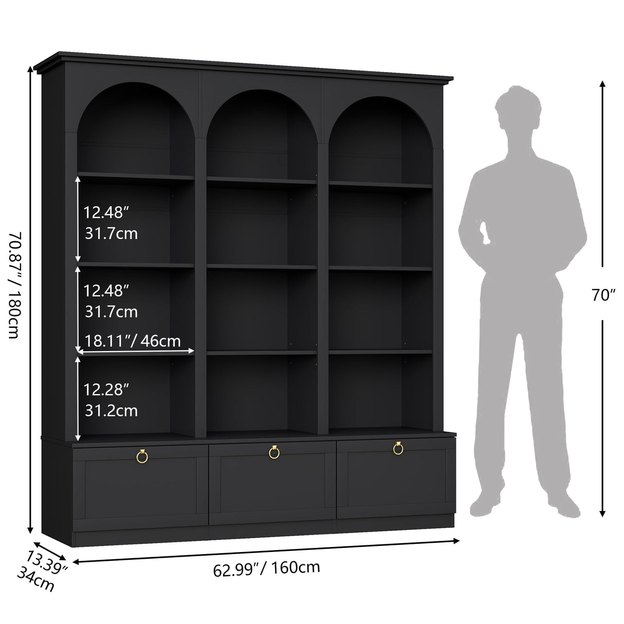 71" Triple Bookshelf with Doors, 5 Tier Tall Bookshelf with Cabinet , Large Book Shelf w/ 12 Adjustable Open Display Shelves & Anti-Tipping, 63" Wide Arched Bookcase for Living Room, Study, Black Loomie