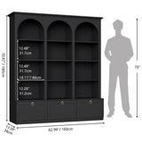 71" Triple Bookshelf with Doors, 5 Tier Tall Bookshelf with Cabinet , Large Book Shelf w/ 12 Adjustable Open Display Shelves & Anti-Tipping, 63" Wide Arched Bookcase for Living Room, Study, Black Loomie