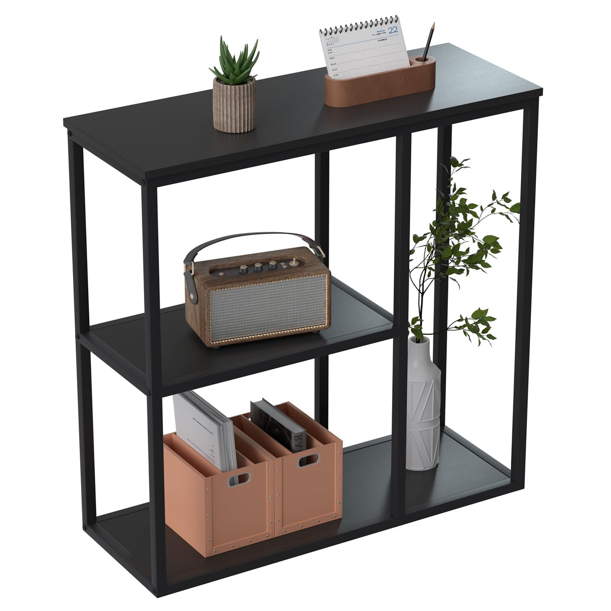 WOHOMO Console Table, 12'' Narrow Entryway Table for Living Room, 31.5'' x 31.5'' Black Industrial Sofa Table with 3-Tier Storage Shelves for Corridor, Hallway, Black WOHOMO