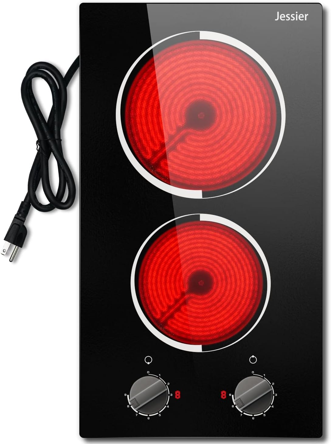 Jessier 2 Burner Electric Cooktop - 12 Inch Plug in Portable 110V Electric Cook Top, Built-in & Countertop Ceramic Stove Top with Knob Control, 9 Power Levels and Overheat Protection Jessier
