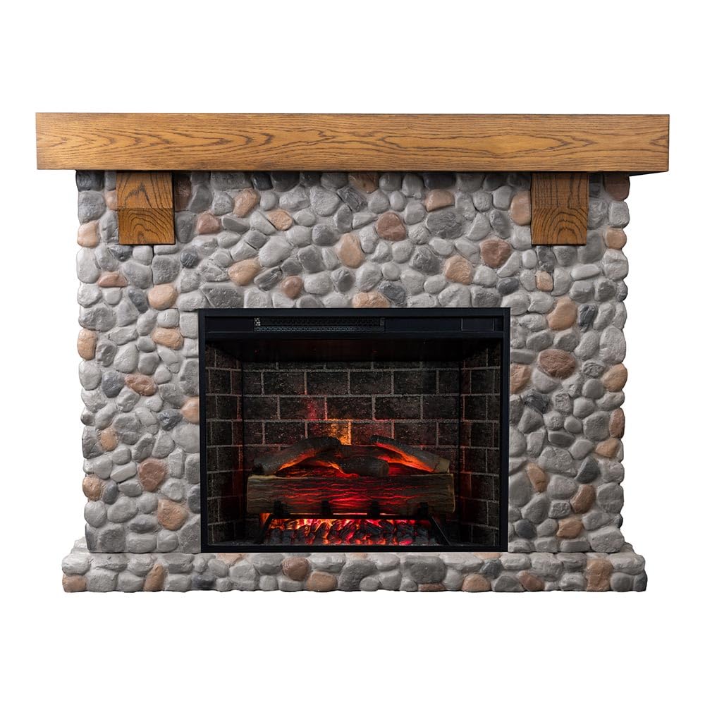 Country Living Glenbrook 55 Inch Oak Wood Mantel with Cast Stone River Rock Surround & 28" Smart Electric Fireplace | Works with Remote, Wi-Fi App, Alexa and Google | LED Multi-Flame Options