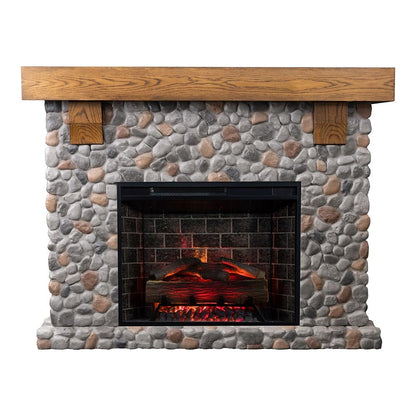 Country Living Glenbrook 55 Inch Oak Wood Mantel with Cast Stone River Rock Surround & 28" Smart Electric Fireplace | Works with Remote, Wi-Fi App, Alexa and Google | LED Multi-Flame Options