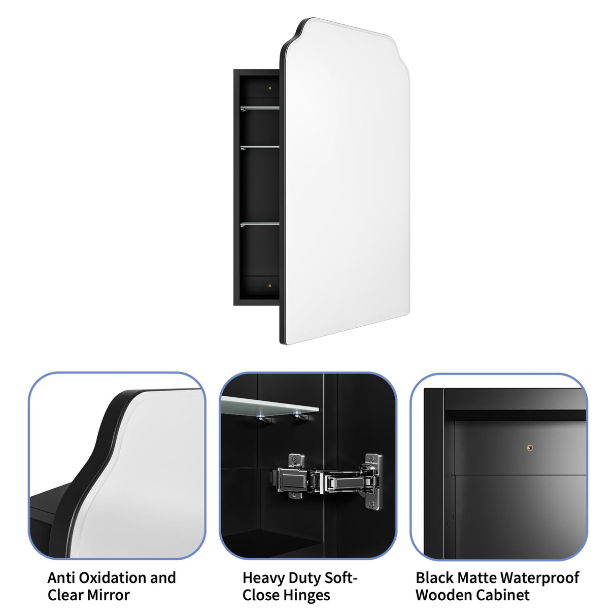 AGDULL Victorian-Style Recessed Bathroom Medicine Cabinet, Storage Cabinet, Bathroom Wood Wall Cabinet with Curved Mirror, Black, 17.5x29 Inch AGDULL