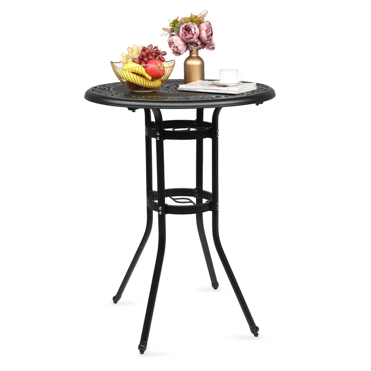 VINGLI Cast Aluminum Bar Height Patio Table with Umbrella Hole - Tall Outdoor Bistro Table, 32" Dia x 41" H (Black) VINGLI