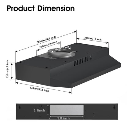 Zomagas Under Cabinet Range Hood 30 inch, Ducted/Ductless Convertible Kitchen Stove Hood, Stainless Steel Vent Hood w/Rocker Button Control, 2 Speeds Exhaust Fan, 280CFM, Black