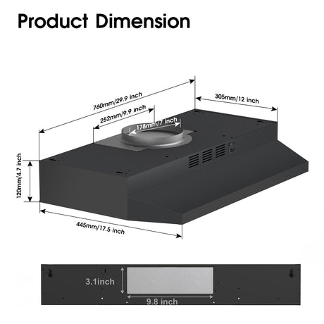 Zomagas Under Cabinet Range Hood 30 inch, Ducted/Ductless Convertible Kitchen Stove Hood, Stainless Steel Vent Hood w/Rocker Button Control, 2 Speeds Exhaust Fan, 280CFM, Black Zomagas
