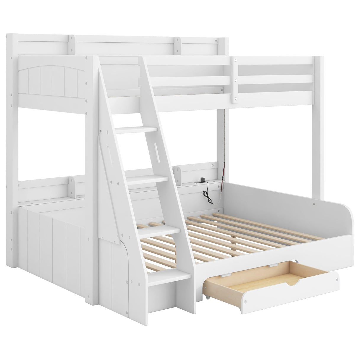 RUNNA Twin Over Full Bunk Bed with Storage Shelves, LED, Charging Station and a Drawer, Solid Wood Bunk Bed for Kids, Teens, Adults (White/LED) RUNNA