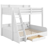 RUNNA Twin Over Full Bunk Bed with Storage Shelves, LED, Charging Station and a Drawer, Solid Wood Bunk Bed for Kids, Teens, Adults (White/LED) RUNNA