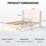 Lihimte Full Size Bed Frame with Led Lights, Upholstered Velvet Platform Bed Frames with Button Tufted Wingback Headboard and Footboard, Wooden Slats Support, No Box Spring Needed, Beige Lihimte