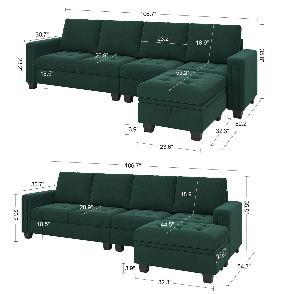 Belffin Velvet Reversible Sectional Sofa with Chaise Convertible L Shaped 4-seat Sectional Couch with Storage Ottoman Green Belffin