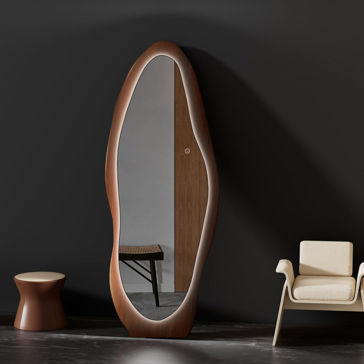 osemy 67"x 26" Wood LED Full Length Mirror with Lights Irregualr Wavy Full Body Mirror Shatter-Proof Hanging/Leaning Wall Mounted Walnut Wooden Framed Mirror for Dressing Bedroom Living Room osemy