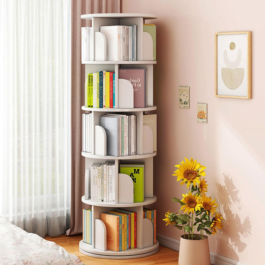 Modern 5-Tier Rotating Bookshelf - 360° Revolving Storage Rack for Home & Office - White - WoodArtSupply