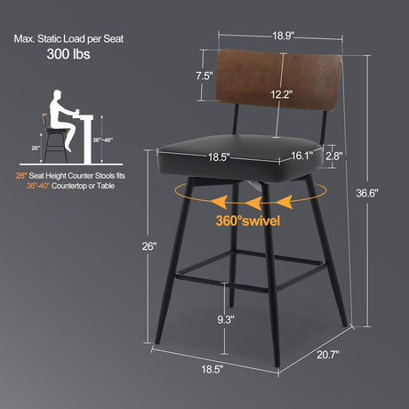 Bekrvio Counter Height Swivel Bar Stools Set of 3, Upholstered Faux Leather Barstools with Wood Backs and Metal Legs, 26" Seat Height Counter Bar Stool for Kitchen Island, Black Bekrvio