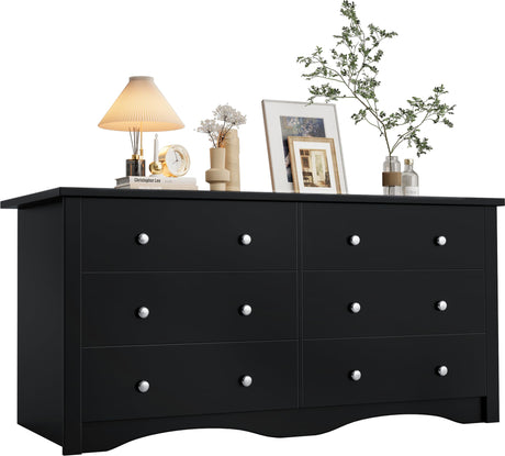 YESHOMY Dresser for Bedroom, 6 Drawer Dressers, Wide Storage Organizer Chest and TV Stand for Bedroom, Living Room, Hallway, Dormitory, Dark Black YESHOMY