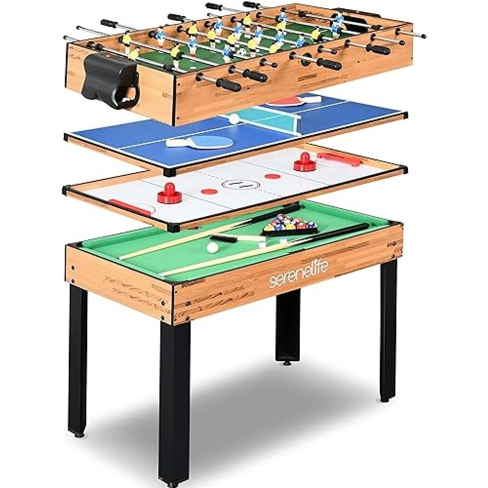 SereneLife Multi Game Table, 48" Sports Arcade Games with Accessories, Ping Pong, Hockey, Pool Billiards, Soccer Foosball All in One, for Indoor and Outdoor, Family, Kids and Adults SereneLife