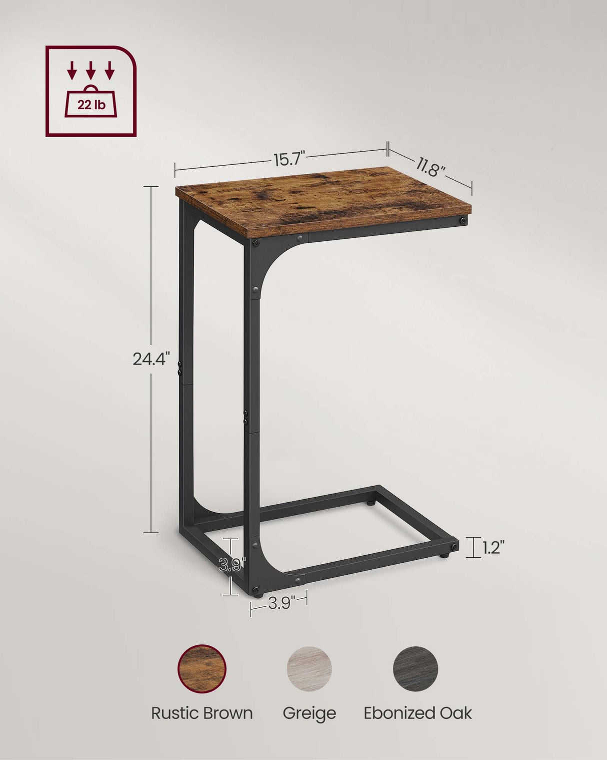 VASAGLE C-Shaped End Table Set of 2, Small Side Table for Couch, Sofa Table with Metal Frame for Living Room, Bedroom, Bedside, Rustic Brown and Black VASAGLE