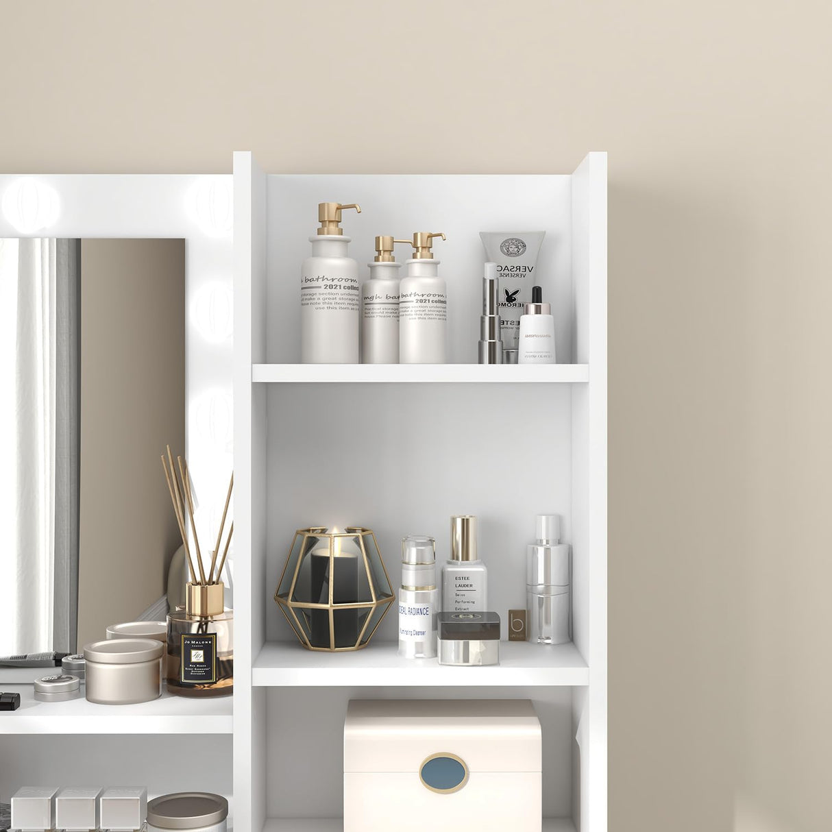 Vanity Desk, Vanity Mirror with Lights and Table Set with 1 Big Drawers, 1 Cabinet & 4 Shelves Makeup Vanity Set 3 Lighting Modes Brightness Adjustable Dressing Table (White) Panana