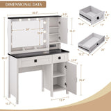 ONME Farmhouse Vanity Desk with HD Mirror and Light, Makeup Vanity with Drawers & Adjustable Cabinets, Glass Top Vanity with Charging Station, Rustic Modern Vanity Table with Shelves Bedroom White ONME