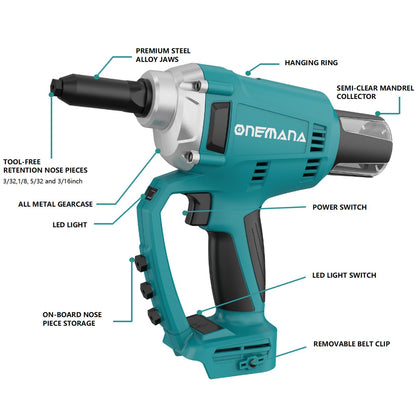 Cordless Rivet Gun Tool, ONEMANA Electric Automatic Rivet Gun Brushless up to 3/16'', Tool-free Nose Piece Change, Compatible with Makita Battery Pack (Bare Tool Only) - WoodArtSupply