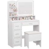Hogxp Vanity Table with LED Mirror & Power Outlet - 5 Open Shelves, 4 Drawers - Includes Padded Stool - Ideal Bedroom Makeup Dressing Table （White） Hogxp