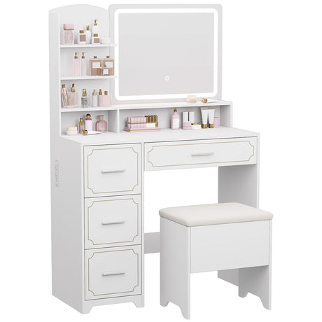 Hogxp Vanity Table with LED Mirror & Power Outlet - 5 Open Shelves, 4 Drawers - Includes Padded Stool - Ideal Bedroom Makeup Dressing Table （White） Hogxp