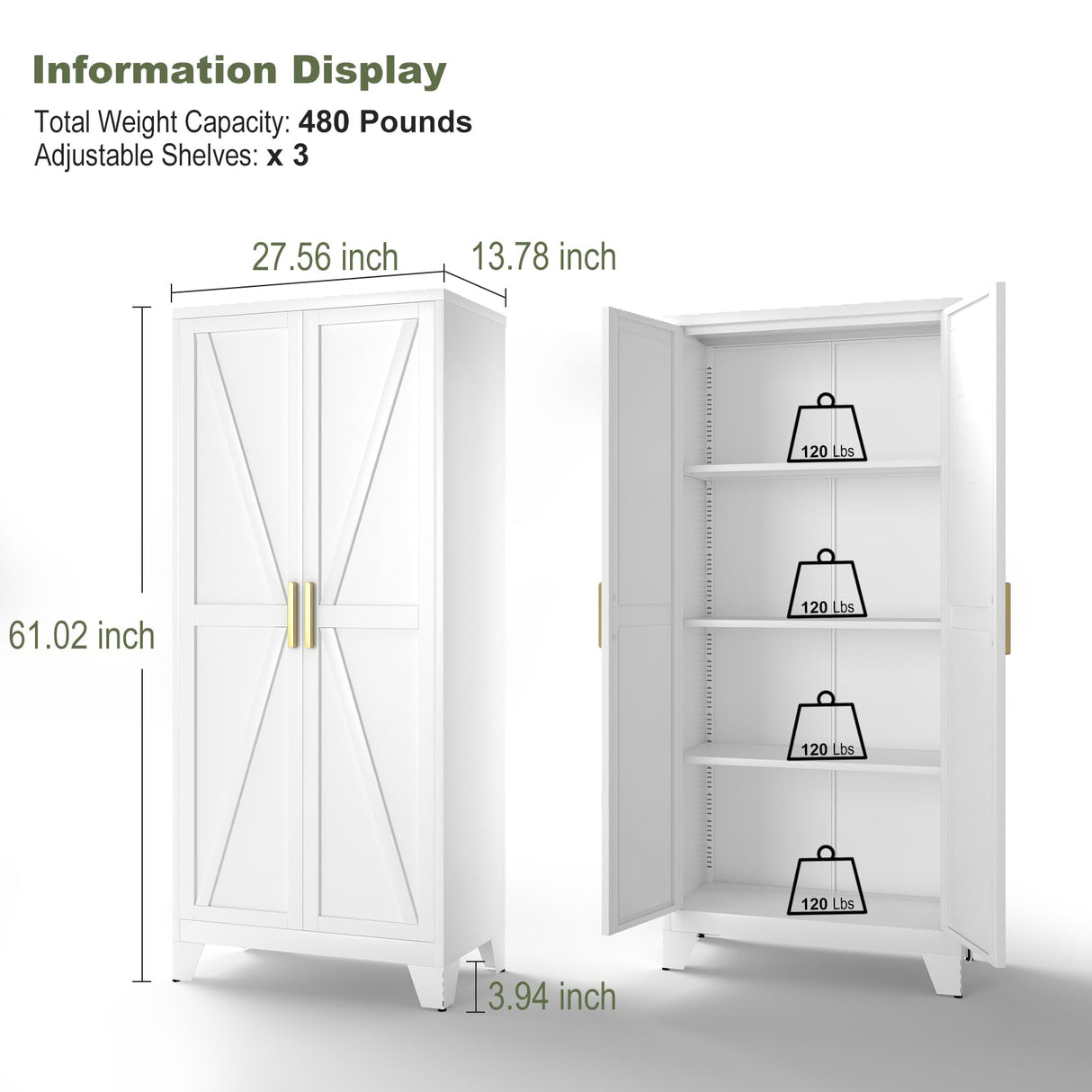 COFaR 4 Tier Metal Farmhouse Storage Cabinet with 2 Barn Door, 3 Adjustable Shelves and Legs, for Dining Room, Kitchen,Pantry,Bathroom, Living Room, Office (White, 61" Farmhouse) COFaR