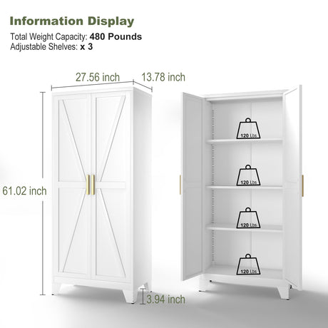 COFaR 4 Tier Metal Farmhouse Storage Cabinet with 2 Barn Door, 3 Adjustable Shelves and Legs, for Dining Room, Kitchen,Pantry,Bathroom, Living Room, Office (White, 61" Farmhouse) COFaR