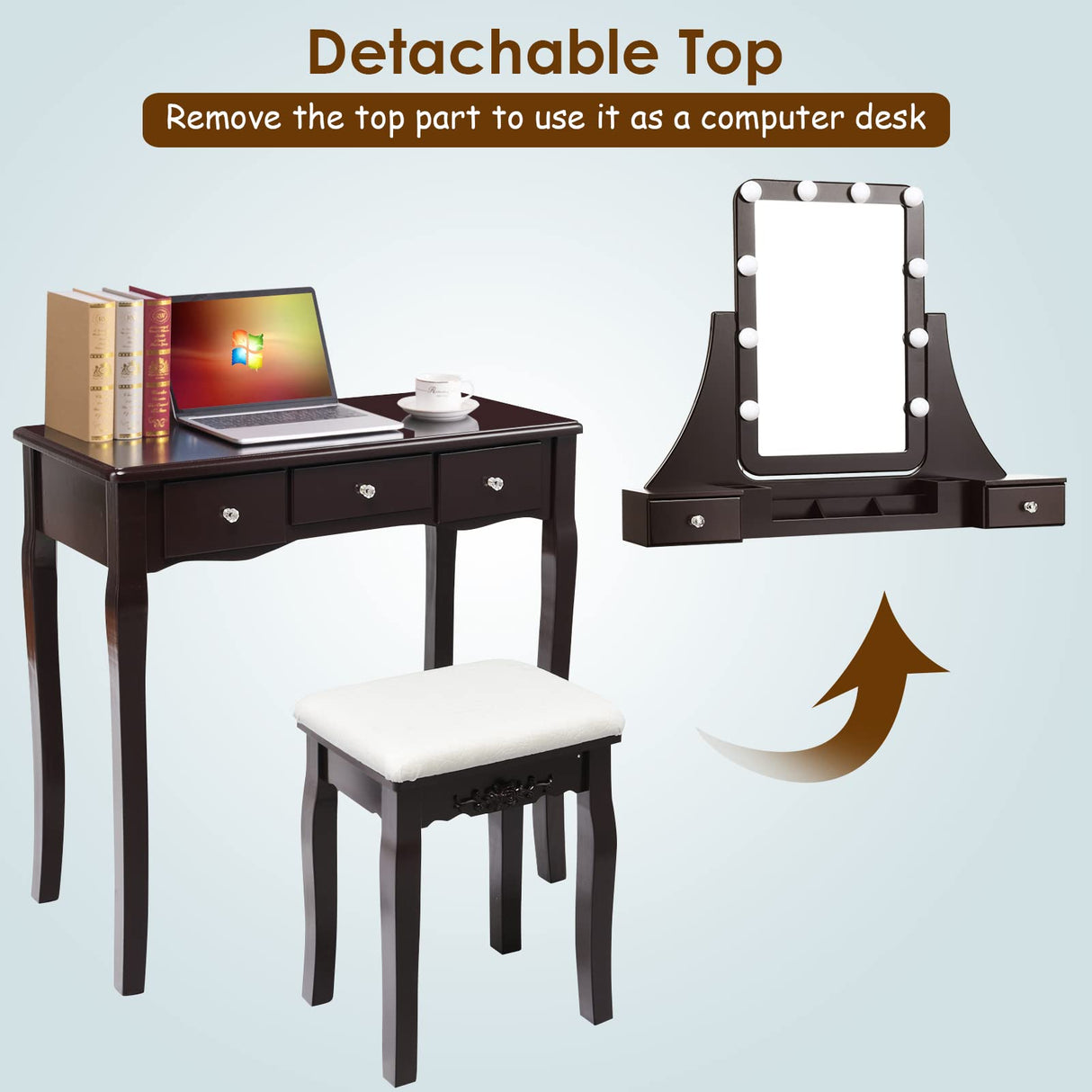 LDAILY Vanity Table Set with 10 LED Lights, Dressing Makeup Vanity with 360° Rotating Lighted Square Mirror, Cushioned Stool & 5 Drawers, Modern Bedroom Vanity Desk for Girls Women (Brown) LDAILY