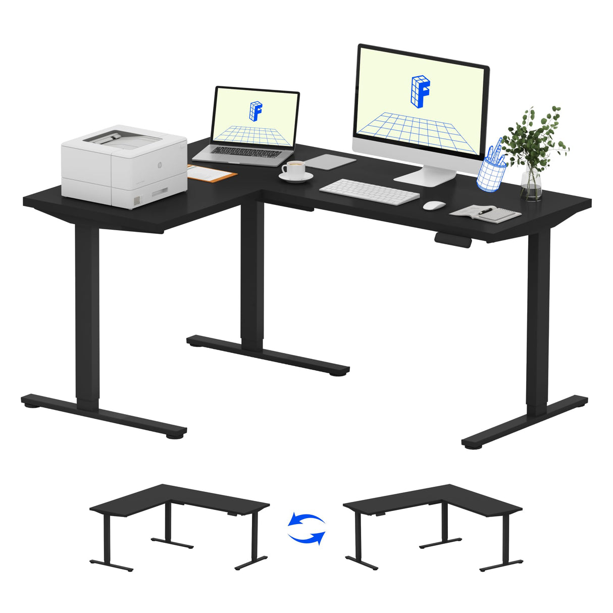 FLEXISPOT L Shaped Standing Desk, 63 x 47 Inch Electric Height Adjustable Corner Desk, Sit Stand Computer Workstation, Preset Controller, Home Office, Black Frame with Black Top FLEXISPOT