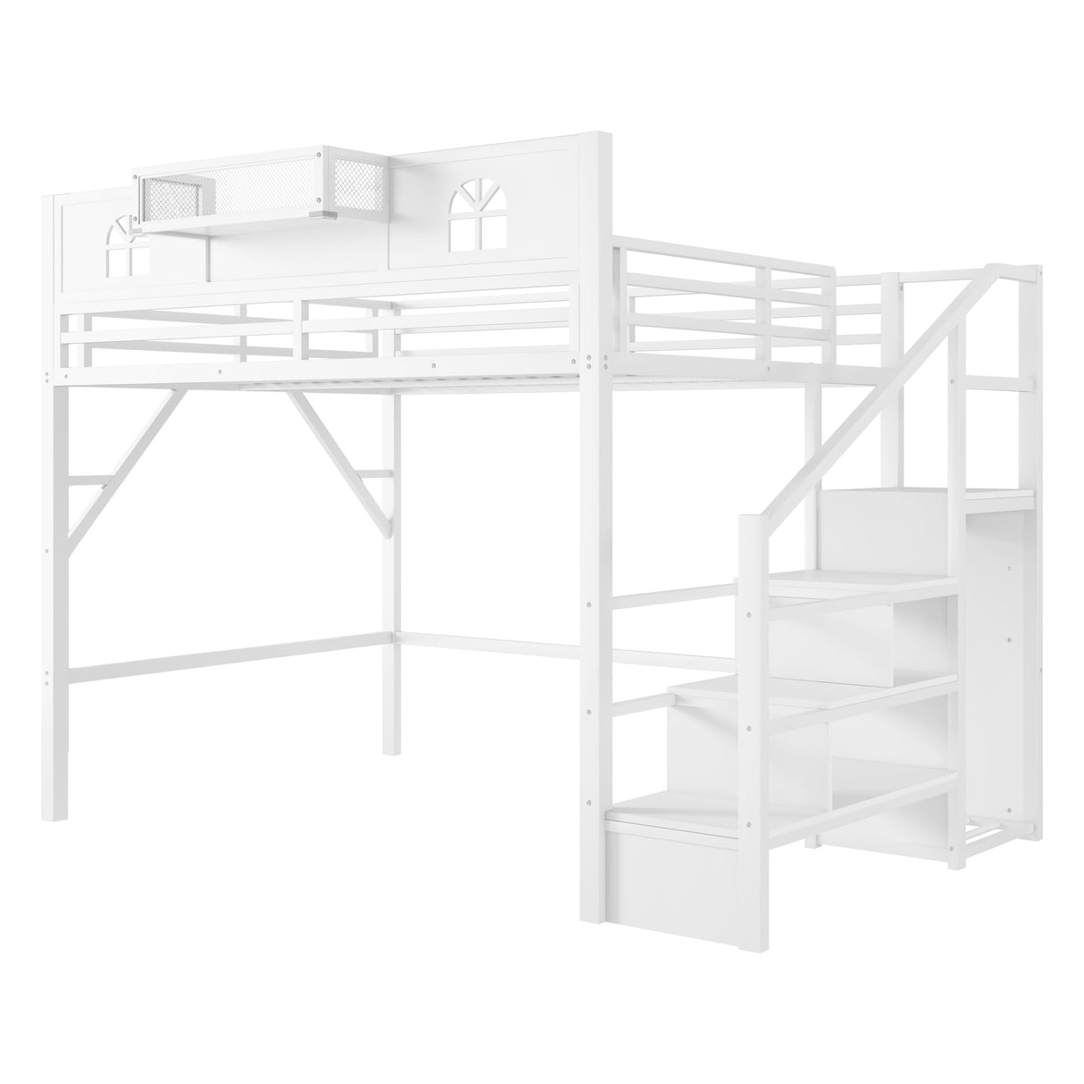 KEIKI Queen Size Loft Bed with Stairs & Storage Wardrobe, Kids Metal Bed Frame w/Safety House-shaped Guardrail, Space-saving Corner Beds w/Top Shelf for Teens, Easy Assembly Bedframe Queen-size, White KEIKI