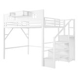 KEIKI Queen Size Loft Bed with Stairs & Storage Wardrobe, Kids Metal Bed Frame w/Safety House-shaped Guardrail, Space-saving Corner Beds w/Top Shelf for Teens, Easy Assembly Bedframe Queen-size, White KEIKI