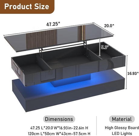 47.2" Large Lift Top Coffee Table,Modern High Glossy LED Coffee Tables for Living Room with Storage,Black Living Room Tables for Living Room,Dining Room,Bedroom Home Office,APP LED Lights（Black） chartustriable