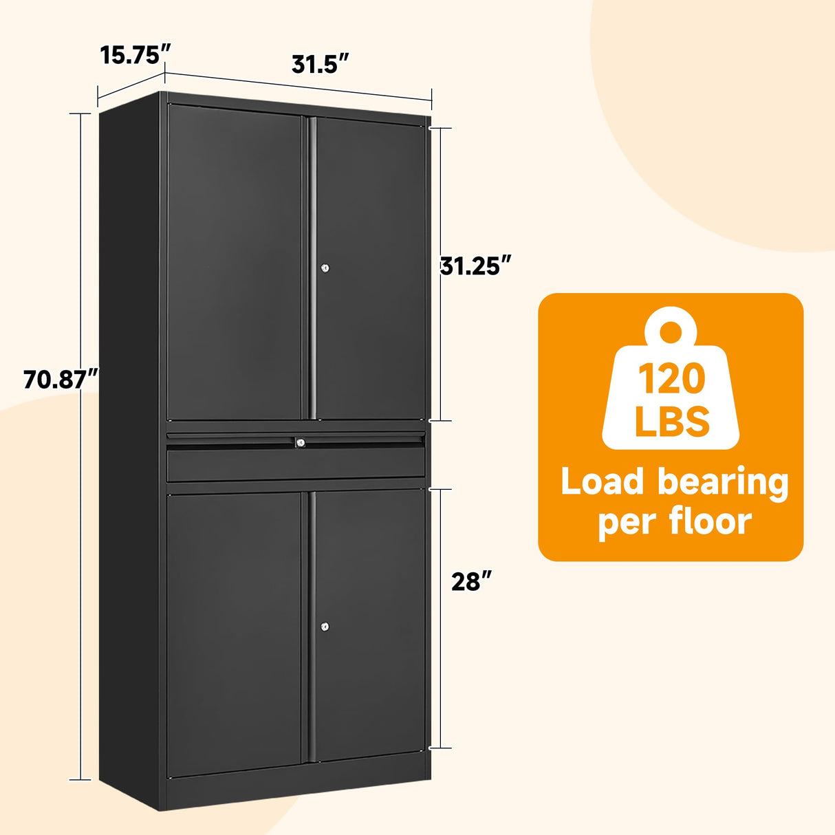 STANI Metal Garage Storage Cabinets with Drawer, 4 Doors Tool Storage Cabinet with 2 Adjustable Shelves, 71"-Lock Steel Locking Cabinet for Garage Utility Room Home Office (Black, 0 Wheel-71 H) STANI